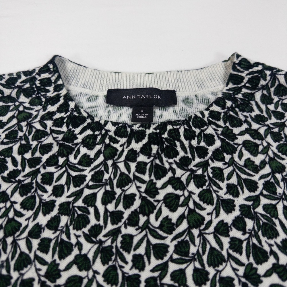Ann Taylor Womens Green White Floral 100% Cotton Short Sleeve Sweater S Office